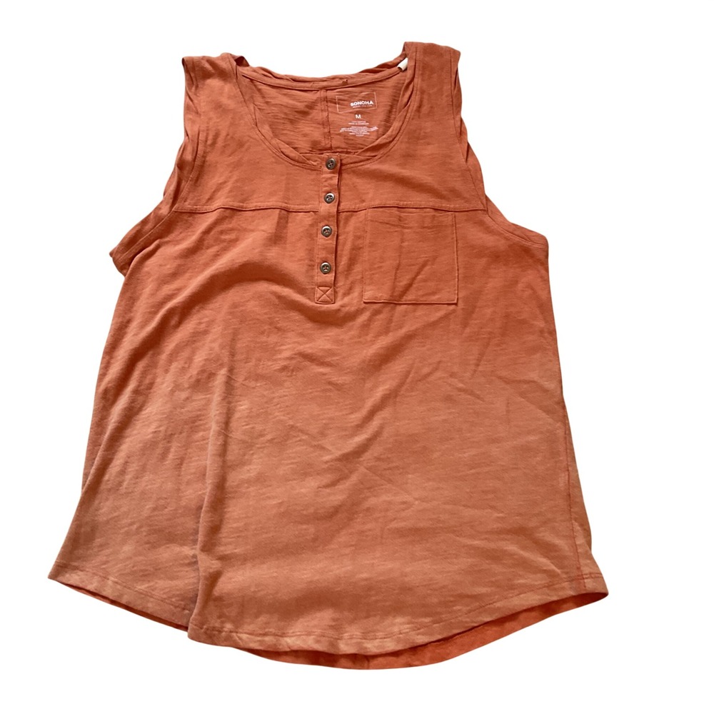 Sonoma Goods For Life Womens Henley Tank Top Orange Cotton Slub Pocket M